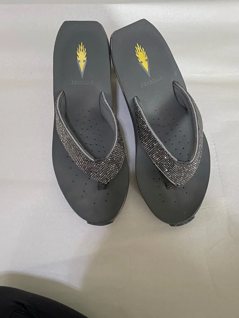 Metallic Gray Rhinestone Wedge Flip Flops - Women's